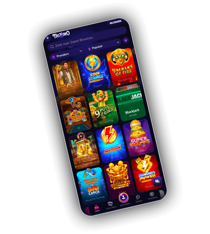 Trixino slot lobby on a phone with a search field suggesting Sweet Bonanza, Providers and Popular filters and twelve tiles including Book of Dead, Coin Strike, 9 Masks of Fire, Cleopatra, Legacy of Dead and Diamonds Power