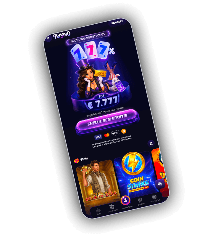 Trixino home screen on a phone with a magician holding a rabbit, three 777% cards, an offer of up to 7,777 euro, a quick sign up button, Visa, Mastercard, Apple Pay and Bitcoin logos and a slot row starting with Book of Dead and Coin Strike