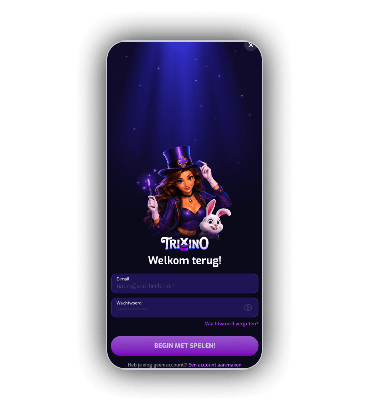 Trixino sign in screen on a phone with a magician in a top hat holding a wand and a white rabbit under a spotlight, the Trixino logo, a welcome back heading, e-mail and password fields, a forgot password link, a start playing button and a link to create an account