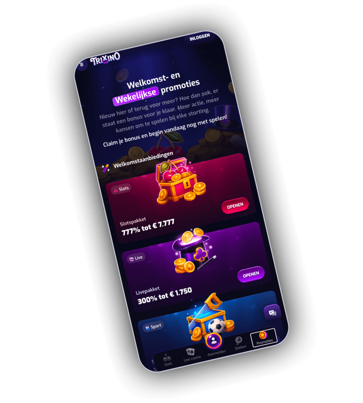 Trixino promotions screen on a phone with welcome and weekly offers, a welcome offers button and large cards for the 777% slots package up to 7,777 euro, the 300% live package up to 1,750 euro and a sports card, each with an Open button