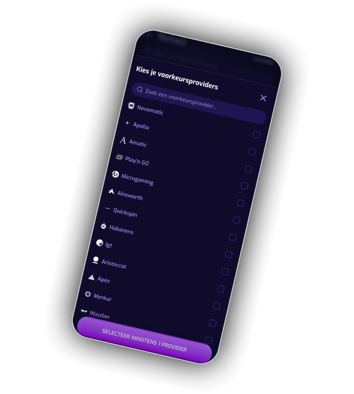Trixino provider filter on a phone with a search field and a list of studios including Novomatic, Apollo, Amatic, Play n GO, Microgaming, Ainsworth, Quickspin, Habanero, IGT, Aristocrat, Apex, Merkur and Wazdan, each with a tick box
