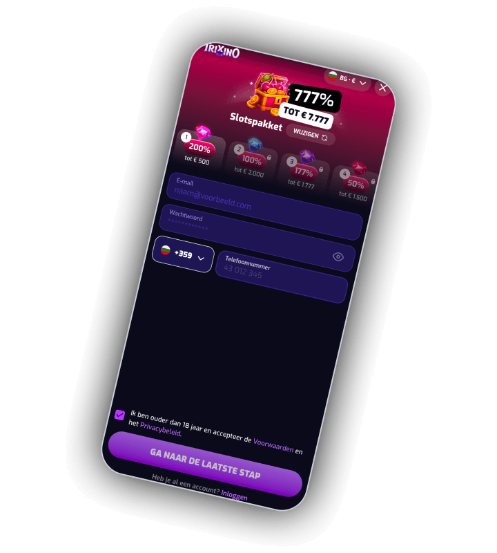 Trixino sign up form on a phone with the 777% slots package up to 7,777 euro and a Change button at the top, four numbered steps of 200% up to 500 euro, 100% up to 2,000 euro, 177% up to 1,777 euro and 50% up to 1,500 euro, fields for e-mail, password and phone number, an 18 plus checkbox and a button for the last step