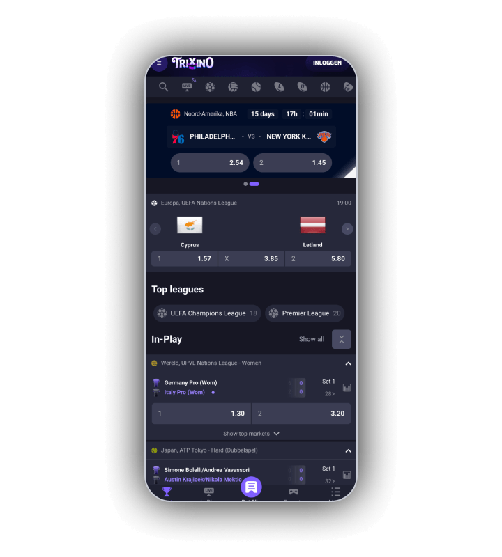Trixino sportsbook on a phone with a row of sport icons, a featured NBA game Philadelphia against New York priced 2.54 and 1.45, a Nations League game Cyprus against Latvia priced 1.57, 3.85 and 5.80, and Top leagues and In-Play blocks