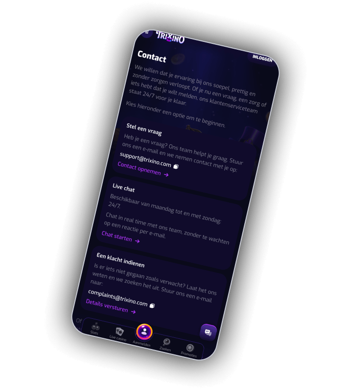Trixino contact screen on a phone with three blocks: ask a question at support@trixino.com, live chat available Monday to Sunday 24/7 with a start chat link, and file a complaint at complaints@trixino.com